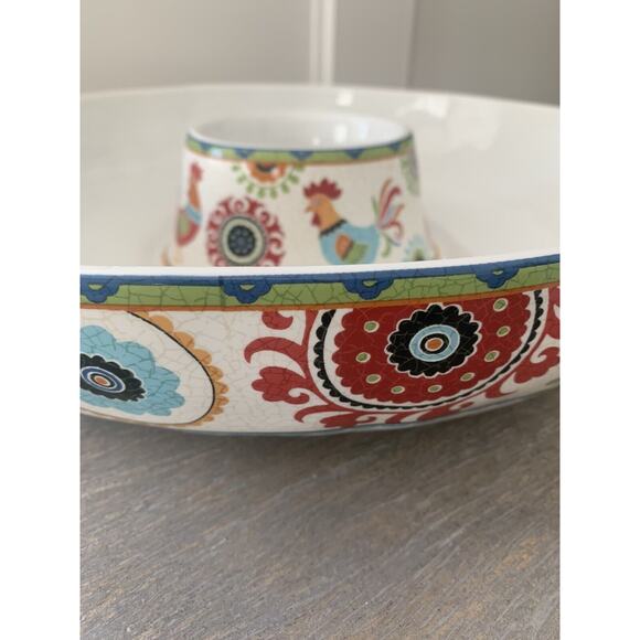 222 FIFTH Suzani Rooster 1 Piece Chip & Dip Serving Bowl Platter 14" Floral EUC - Picture 2 of 14